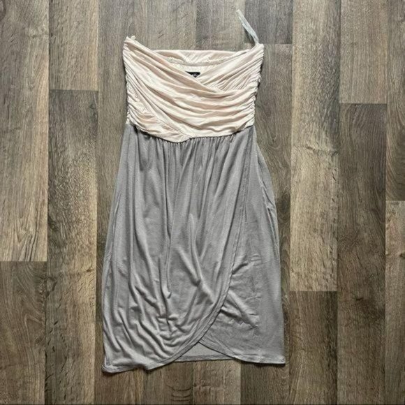 AQUA Strapless Tulip Front Stretchy Dress Gray & Champagne - Picture 12 of 12